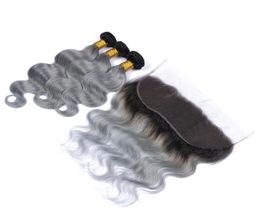 Virgin Peruvian Ombre Human Hair 3Bundles With 13x4 Lace Frontal Body Wave 1BGrey Two Tone Human Hair Weaves With Frontals Silver8786984