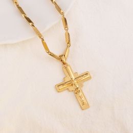 Cross Pendant 24 k Solid Fine Yellow Gold Filled Charms Lines Necklace Christian Jewellery Factory God Gift191U