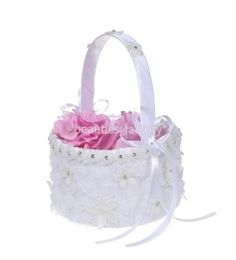 White Wedding Flower Girl Basket with Satin Lace Bowknot Flower Petal Basket Wedding Favor Wedding Accessory B56675408413