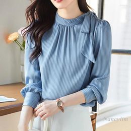 Women's Blouses Spring And Autumn Chiffon Striped Shirt Clothing 2024 High-End Tbow Tie Stand Collar Long-Sleeved Top