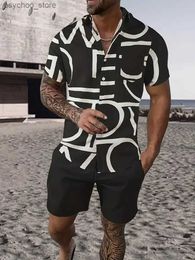 Men's Tracksuits Mens shirt set 3D printed retro floral stripes short sleeved casual oversized beach shorts summer street clothing Hawaiian set Q240314