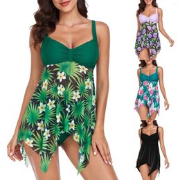 Summer Floral Printed Split Swimsuits Women 2 PC Spaghetti Strap Knot Irregular Beach Dress With Panty Conservative Tankinis