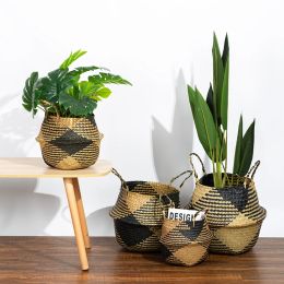 Baskets Large Wicker Basket Folding Seagrass Weaved Storage Baskets Laundry Toys Sundries Organiser Rattan Flower Pots Container Decor