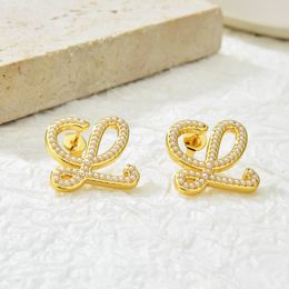 L-Markenbuchstaben, einfache Designer-Ohrringe für Frauen, 18 Karat Gold, luxuriöse Perle, glänzende Kristallzahlen, Ohrringe, Ohrringe, Ohrringe, Schmuck, Geschenk