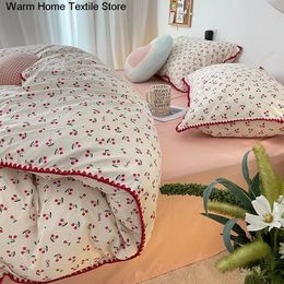 INS Girls Cherry Bedding Set Soft Washed Cotton Bed Sheet Queen King Size Simple Quilt Cover Pillowcase Bed Linens 240306