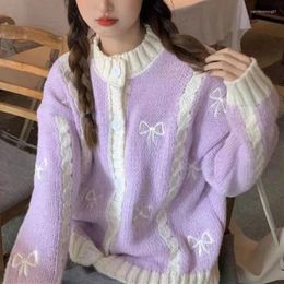 Women's Knits Hit Colour Sweet Cardigan Women O Neck Long Sleeve Knitwear Bow Knot Pattern Single Breasted Sweater Female Chic Sueter Mujer