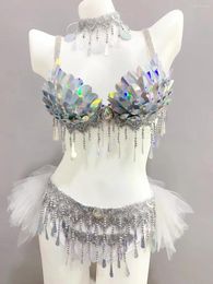 Stage Wear Belly Dance Set Dancer Competition Performance Silver Scale Sequins Bikini Rave Outfit Nightclub Bar Party Costume