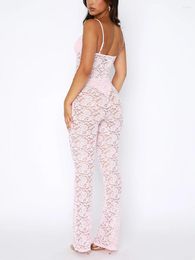 Women Sexy 2 Piece Lace Pants Sets Sleeveless Slim Fit Crop Tops High Waist Outfits See Through