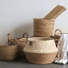 Baskets LuanQI Seaweed Basket With Handle Handmade Foldable Plant Flower Pot Wicker Clothes Toy Storage Holder Organizer Rattan Basket