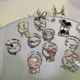 Wedding Rings 17KM Y2K Crystal Ring Kpop Heart Adjustable Irregular Geometry Punk Vintage Set Womens New Fashion Jewellery Q240315