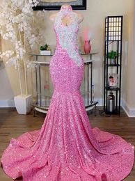 Prom Dresses Party Evening Gown Mermaid Trumpet Formal High Neck Sleeveless Sequined Applique Beaded Pink Custom Zipper Lace Up Plus Size New