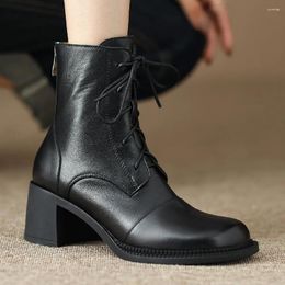 Boots Women's Cow Leather Lace-up Autumn Ankle 5cm Thick Med Heel Round Toe Short Motorcycle Casual Punk For Women