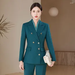 Women's Two Piece Pants Long Sleeve Solid Colour Black Fashion Suit Dark Green Work Uniforms Blue Fabric Business Wear