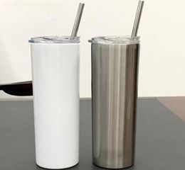 DIY mug 20oz Sublimartion Straight tumblers with Steel Straw Rubber Bottoms Stainless tumbler Coffee Sublimation Blanks Water Bott3442886