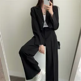 Women's Two Piece Pants Sets Women Outifits Fall Office Lady Korean Short Blazer Wide Leg Set Fashion Coat Black High Waist