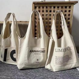 Shopping Bags Canvas Tote For Women Large Ladies Eco Cotton Linen Cloth Handbag Letters Print Shopper Reusable Beach