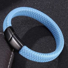 Fashion Jewellery Blue Leather Braided Rope Bracelet Men Stainless Steel Magnetic Clasp Punk Bracelets Bangles Male Wrist Band268v