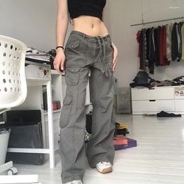 Women's Jeans Y2K Pockets Cargo Pants Straight Oversize Harajuku Vintage Aesthetic Low Waist Trousers Wide Leg Streetwear