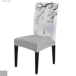 Chair Covers Chinese Style Tree Winter Bird Reflection Chair Cover Dining Spandex Stretch Seat Covers Home Office Decor Desk Chair Case Set L240315
