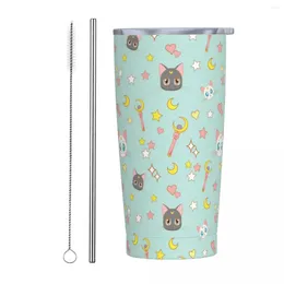 Tumblers Cute Moon Pattern Tumbler Vacuum Insulated Cartoon Anime Coffee Cups With Lid Straw Double Wall Mugs Water Bottle 20oz