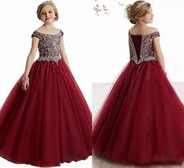 2020 Cheap Burgundy Red Princess Girls Pageant Dresses Scoop Neck Crystal Beads Corset Back Kids Party Birthday Gowns Flower Girls9857504
