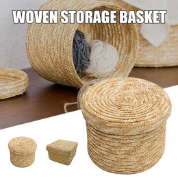 Baskets Woven Straw Storage Baskets with Lid Rattan Snack Container Multipurpose Bins Laundry Toys Organizer Household Folding Straw Box