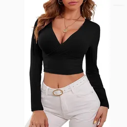 Women's Blouses Sports T-shirt For Women V-neck Long-sleeved Ribbed Knitted Slim Wrap Shirt Short Top Fit Breathable Ins Style