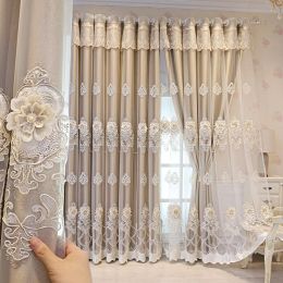 Curtains Embroidered Luxury Curtains for Living Room Bedroom Dining Windows European Double Tulle Elegant Pink Khaki Hall High Shading