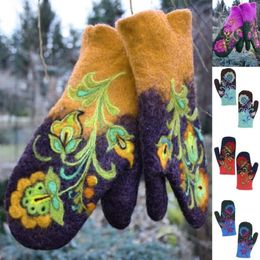 Women Winter Faux Cashmere Warm Full Finger Gloves Floral Embroidery Mittens T5UF Five Fingers228i
