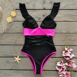 Women's Swimwear Black Patchwork Ruffle One Piece Swimsuit 2024 Women Front Tie Tummy Control Vintage Beach Bathing Suit Monokini