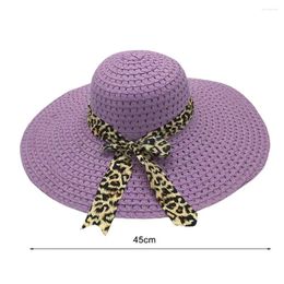 Berets Straw Hat UV Protection Sun Leopard Bow Decor Floppy Beach