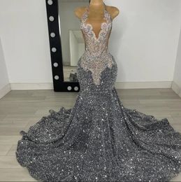 Prata halter longo sereia vestidos de baile para meninas negras 2024 frisado strass sheer tule cristal vestidos de festa de aniversário brilhantes lantejoulas vestidos de noite