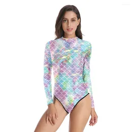 Women's Swimwear Women One Piece Swimsuit Long Sleeve Scale Printed Playsuit Quick Dry Surfing Bodysuit O-Neck Jumpsuit Beachwear Female