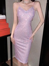Casual Dresses Korean Women Evening Dress Retro Glitter Shiny Sequins Sweet Sexy Backless Slim Midi Pencil Party Club Gown Mujer Vestido