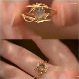 Cluster Rings Crystal Bead Gold Colour Hollow Bamboo Ring For Women Girl Wedding Jewellery Simple Charm Elegant Open Finger W421 Drop De Ot6Ks