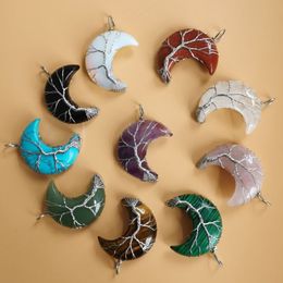 10PCS Lot Tree of Life Crescent Moon Shape Pendant Silvertone Wire Wrap Natural Gemstones Healing Crystal Women Necklace275O
