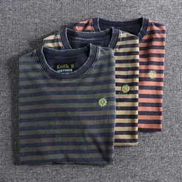 Summer Japanese Retro Short Sleeve Striped T-shirt Mens Fashion 100% Cotton Slim Simple Round Neck Washed Old Casual Tops 240306