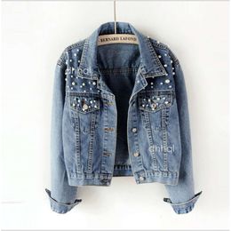 womens short studded pearl jacket loose spring and autumn new denim jacket