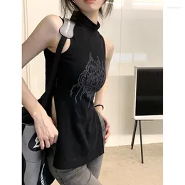 Women's Tanks Black Sleeveless Tank Top Summer Solid Colour Slim Split Hem All-match Printing T Shirts Sexy Fashion Trend Women Clothing