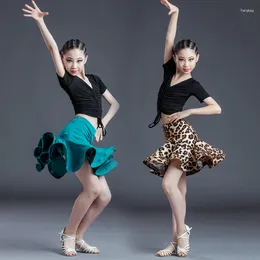 Stage Wear Summer Child Latin Dance Clothes Girls Practice Performance Junior Skirt Leopard Print Split