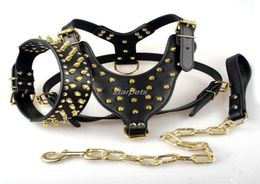 Cool Spiked Studded Leather Dog Harness Rivets Collar and Leash Set For Medium Large Dogs Pitbull Bulldog Bull Terrier 26quot349605111