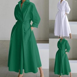 Casual Dresses Summer V Neck Maxi Dress Fashion Long Sleeve Pocket Shirt Elegant Ladies Solid Color Oversized Maternity