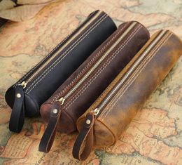 Genuine Leather School Pencil Case Vintage Pen Box for Girls Boys Pencilcase Black Round Zip Penal Cartridge Bag Stationery Kit5060457