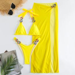 Yellow Sexy Rhinestones Bikinis Women Swimwear Female Swimsuit Swimming Bathing Suits Brazilian Bikini Set Beachwear Bather 240308