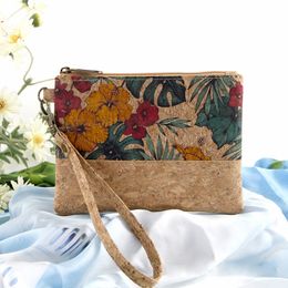 5pcs Coin Purses Cork Leather Leaf Flower Geometry Printing Short Wallet With Wrist Mix Colour