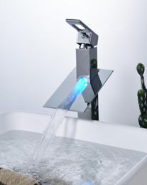 Whole and Retail Bathroom Sink Faucet With LED Light Chrome Brass Waterfall Spout Deck Mounted Sink Mixer Tap9967702