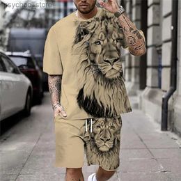 Men's Tracksuits Plus Size 3D Lion Print mens cool T-shirt set suitable for sports and fitness summer street style oversized graphics 2PCS mens clothing Q240314
