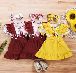 Kids Floral Clothing Sets Girls Sweet Rose Print Romper Top + Suspender Skirt Headbands 3pcs/set Boutique Children Clothes M22737867470