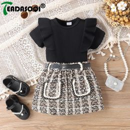 6M-5Y Summer Girls Kids Clothing Suit Short Sleeve Ribbed Pit T-shirt TopTweed Plaid Skirt With Belt Children Clothes 2Pcs Set 240301