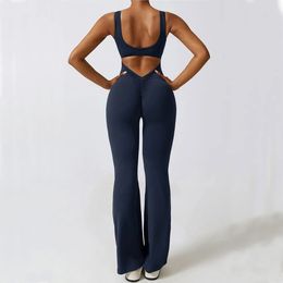 Women Push Up Workout Flare Jumpsuits Sexy Backless Gym Bodycon Scrunch Butt Yoga Rompers V Back Suit Sportswear 240307